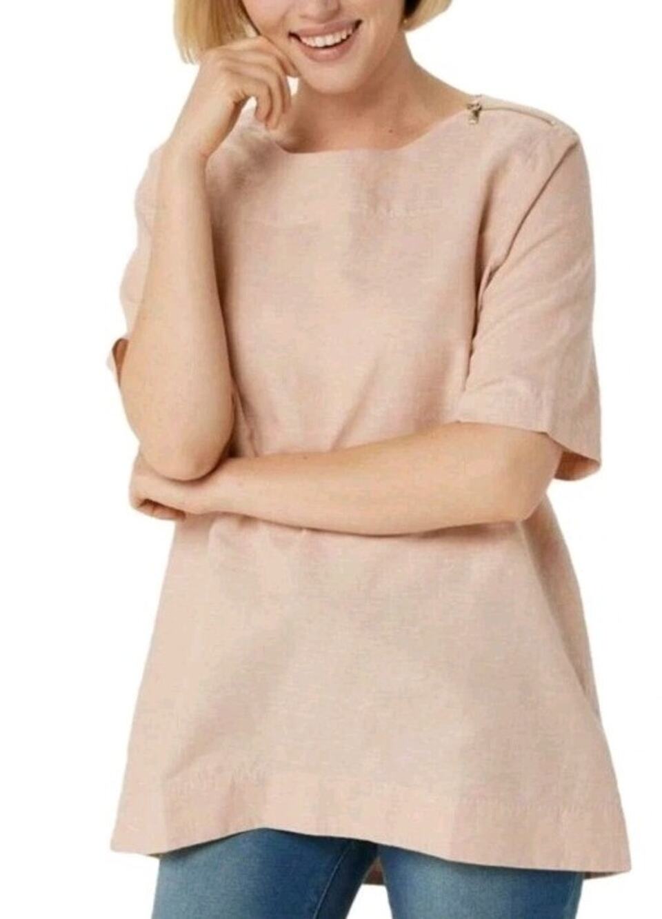 Martha Stewart XL Boxy Cotton Linen Shirt Zipper Shoulder Beige Peach